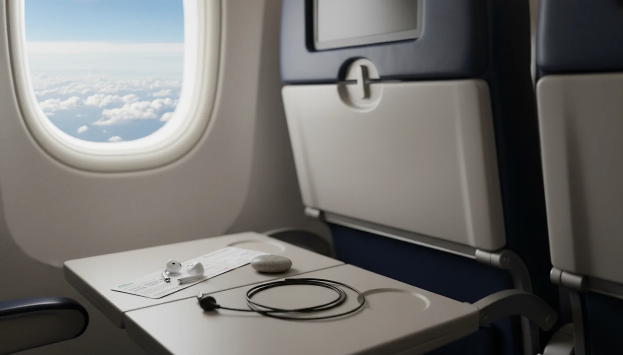 Headphones, a blank notebook, and an eye mask rest on an airplane tray table beside a bright window.