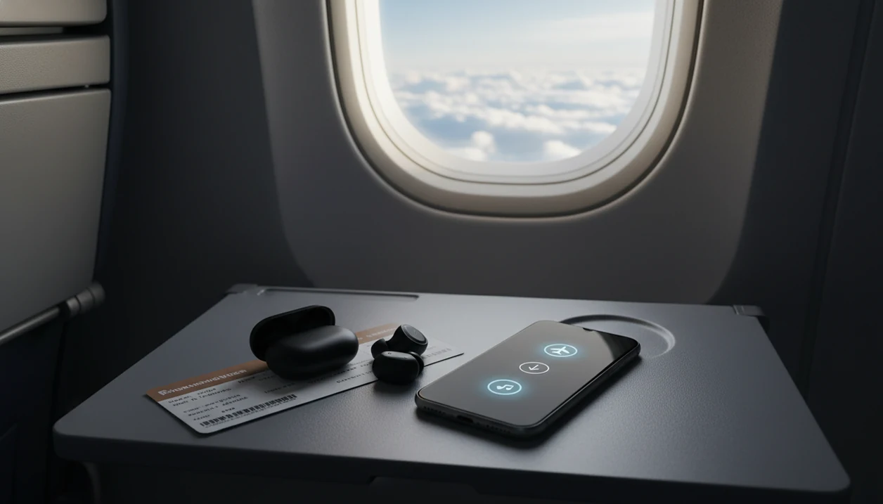 A phone with earbuds on an airplane tray table suggests offline calming audio ready for flight.