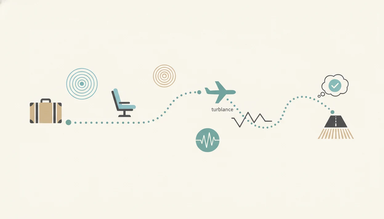 A simple visual path shows breathing, audio, and reframing tools across one flight journey.