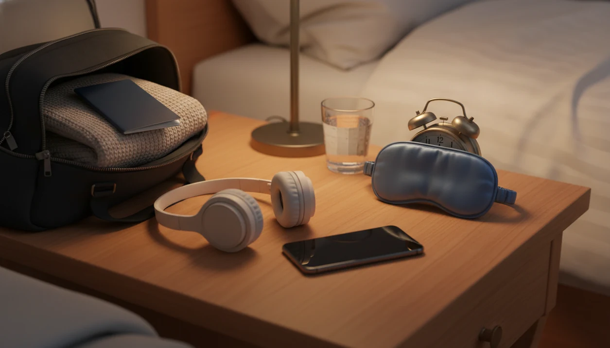 A calm bedside travel setup with a packed bag, headphones, water, and comfort items ready before a flight.