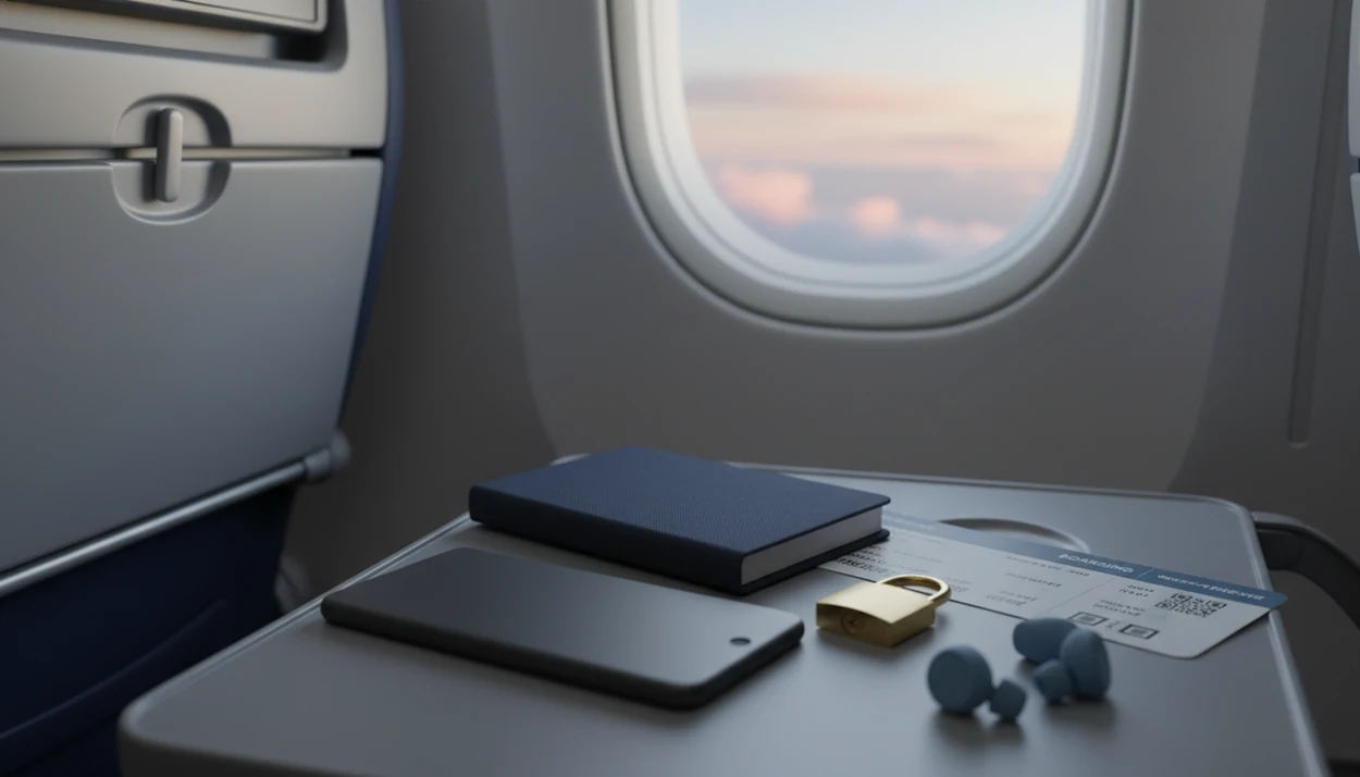 A phone, padlock, and earbuds on an airplane tray table suggest privacy for anxious flyers.