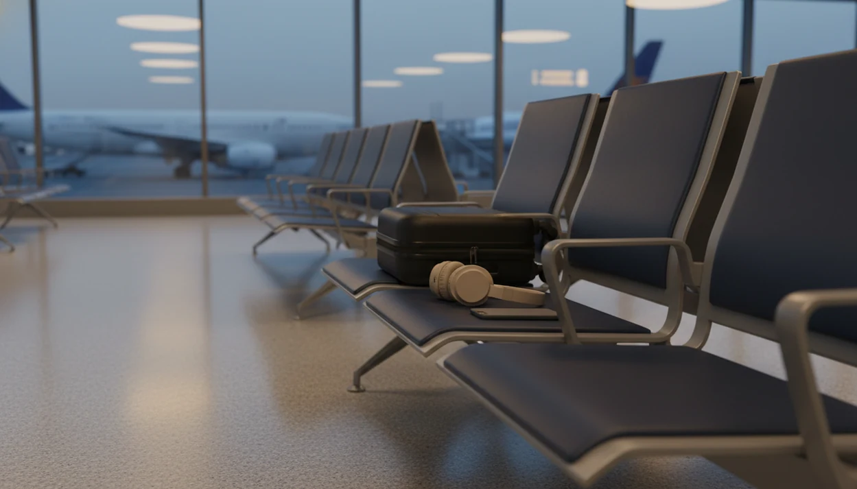 An empty airport gate with a suitcase and headphones suggests a calm restart after flight anxiety.