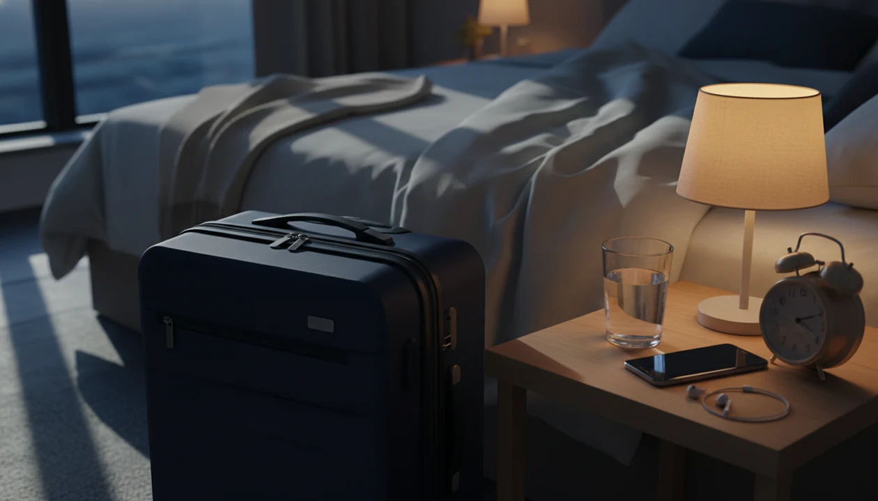 A calm bedroom scene shows a packed carry-on, bedside lamp, alarm clock, water, and phone face down before sleep.