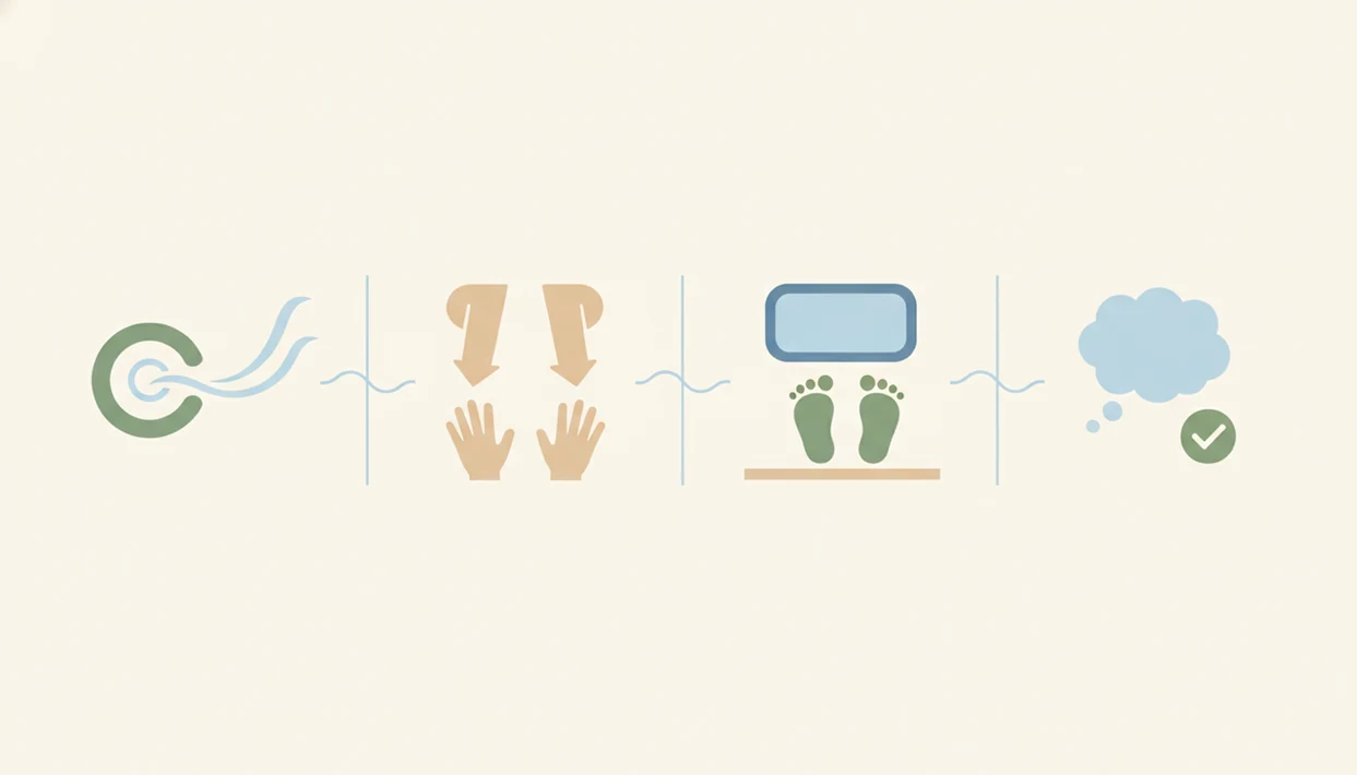 A four-part visual protocol shows breathing, muscle release, grounding, and thought labeling in a plane seat.