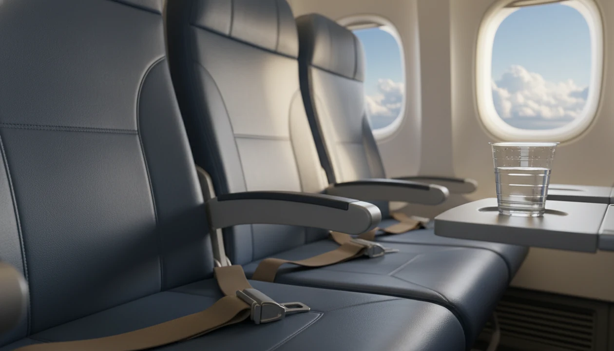 An empty airplane seat with a fastened belt and rippling water cup suggests calm during turbulence.
