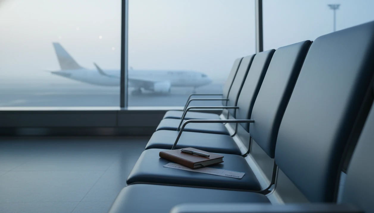 An empty airport gate seat holds a notebook and blurred boarding pass beside a plane at dawn.