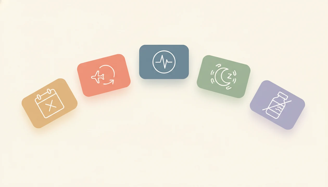 A calm illustrated set of five icons shows warning signs that flight anxiety may need therapy.