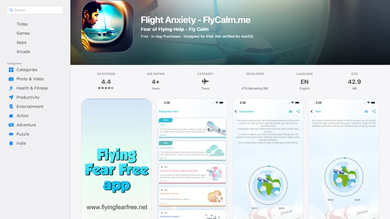 CalmFlying app showing flight-phase calming sessions and breathing tools.